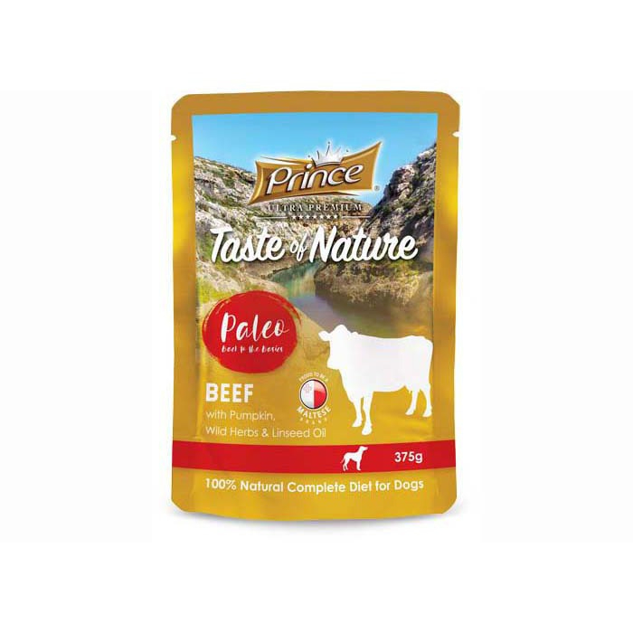 prince-taste-of-nature-wet-dog-food-pouch-beef-with-pumpkin-wild-herbs-and-linseed-oil-375g